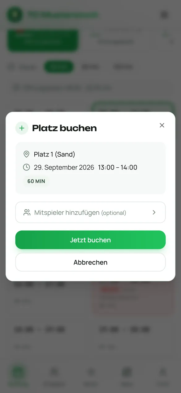 Dialog Platz buchen mit Platz, Datum, Uhrzeit und Knopf Jetzt buchen