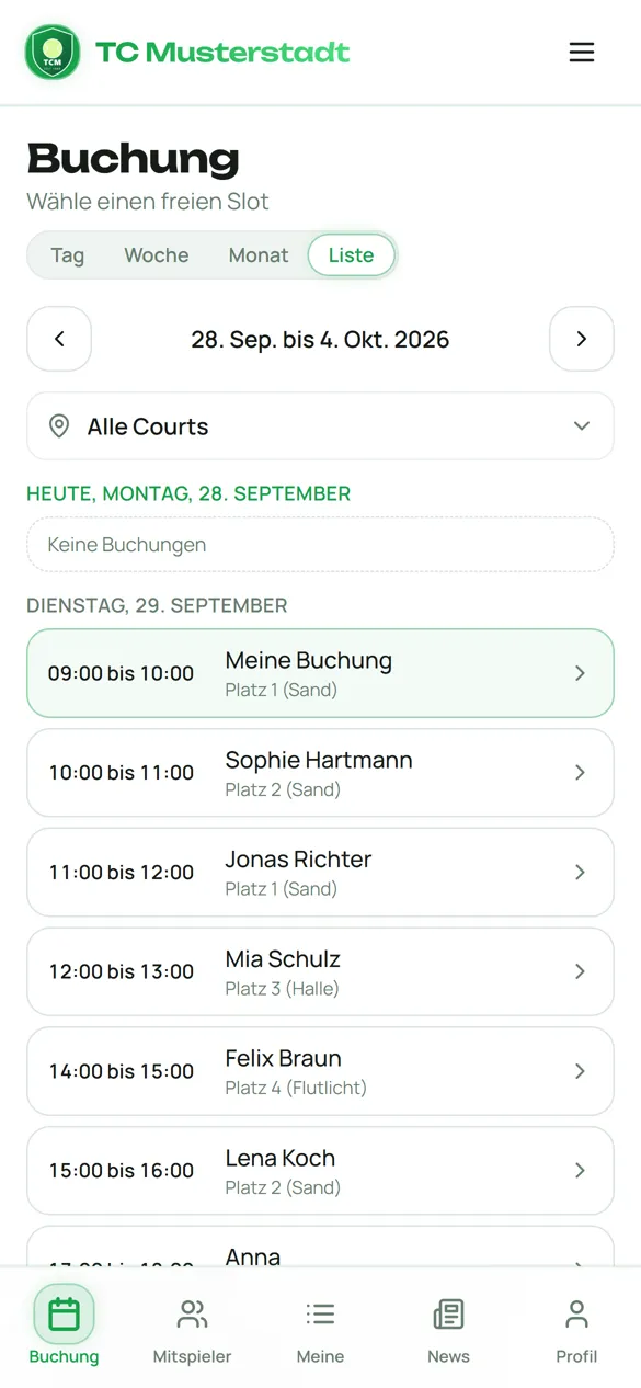 Listenansicht aller Buchungen eines Tages über alle Tennisplätze
