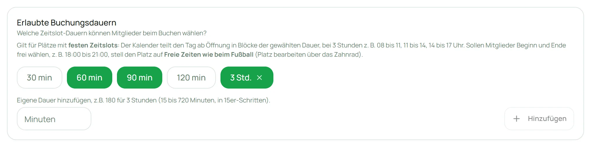 Erlaubte Buchungsdauern mit eigener Dauer „3 Std.“
