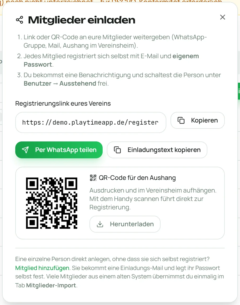 Link kopieren, per WhatsApp teilen oder den QR-Code für den Aushang herunterladen