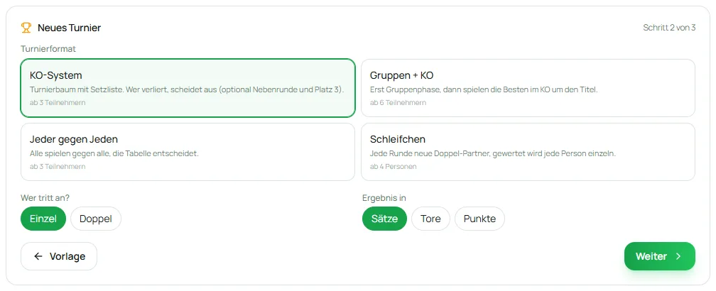 Schritt 2: Format, Teilnehmerart und Ergebnisart