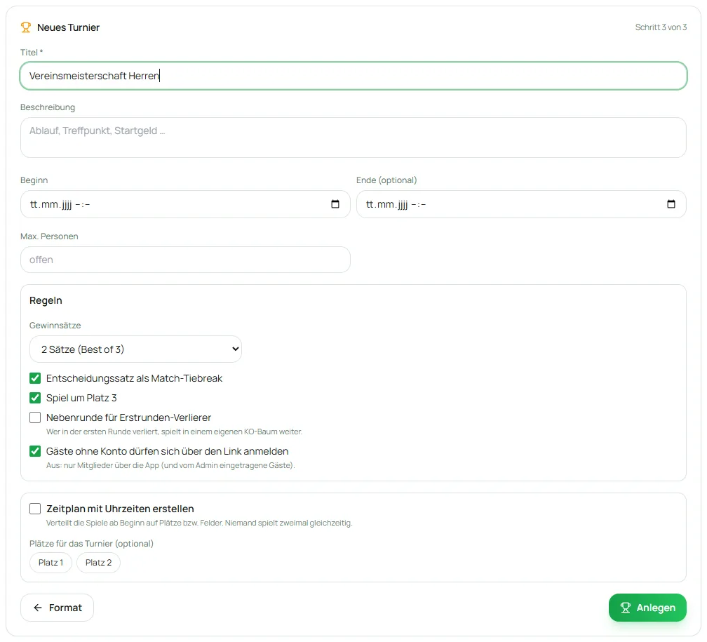 Schritt 3: Details, Regeln und Zeitplan