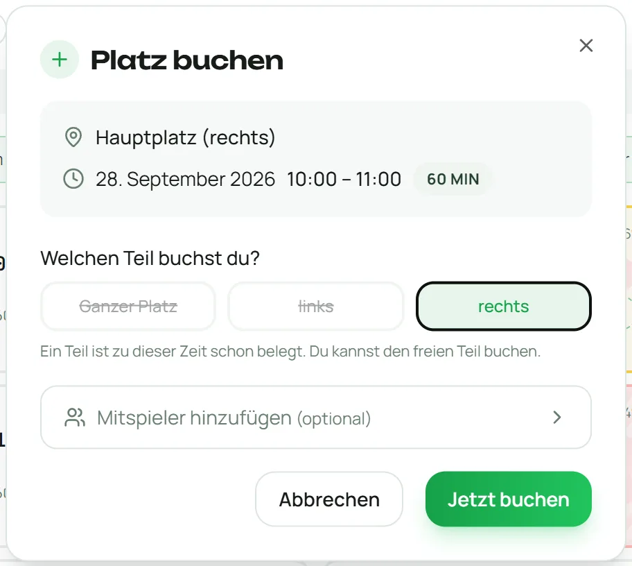Buchungsdialog: Ganzer Platz oder ein Teil. Belegte Teile sind durchgestrichen.