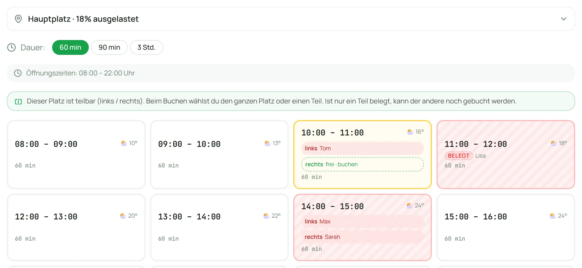 Kalender mit festen Slots: um 10 Uhr ist nur links belegt, rechts kann noch gebucht werden