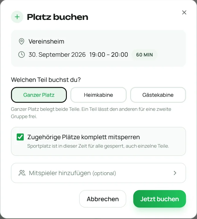 Buchungsdialog mit dem Häkchen „Zugehörige Plätze komplett mitsperren“